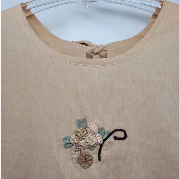 Vintage Tan Beaded Embroidered‎ Cottage Asian Smock Tunic - Picture 5 of 9